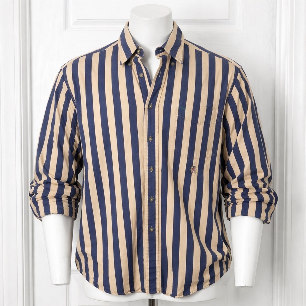 Tommy Hilfiger Vintage Blue Tan Striped Men's Shirt Crest Embroidered button up